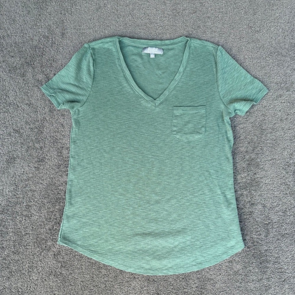 Marled Essentials Womens Sage Green V-Neck Pocket T-Shirt Slub Knit Small
